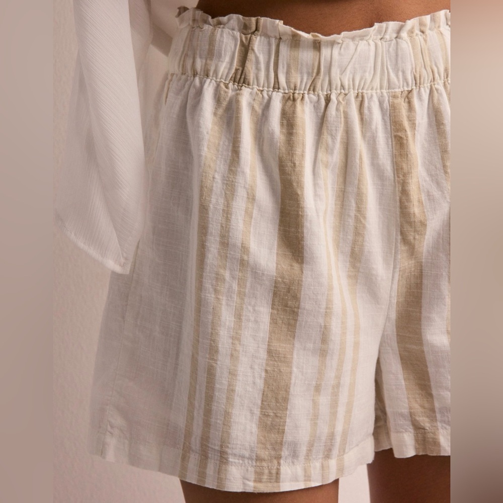 White and Tan Striped Linen Shorts